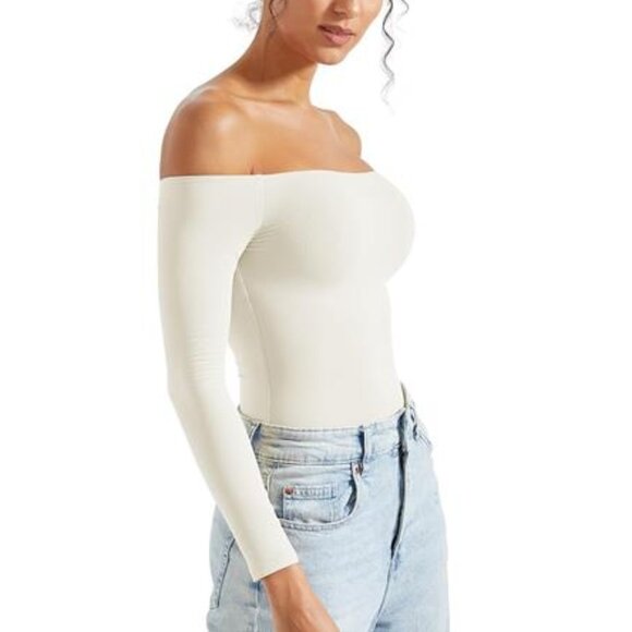 Women Off the Shoulder Long Sleeve White Bodysuit Double Lined Thong Bodysuit - Picture 4 of 9
